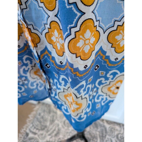 Ann Taylor Factory Blouse Womens L Blue Yellow Tile Floral Boho Hippie Top Tunic - Picture 4 of 12